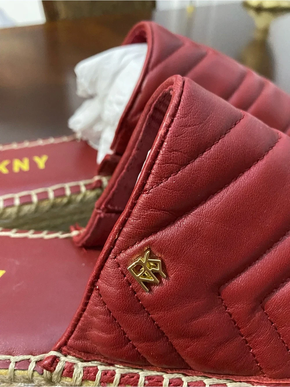 DKNY Quilted Red Leather Espadrille Platform Slip-On